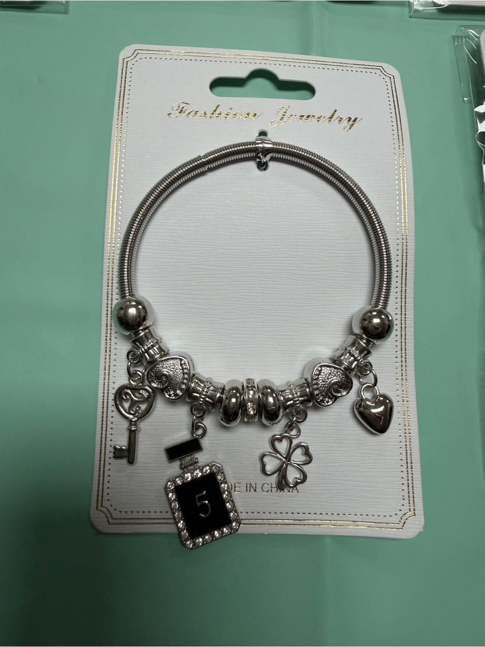 Silver Charm Bracelet with Number 5 Pendant